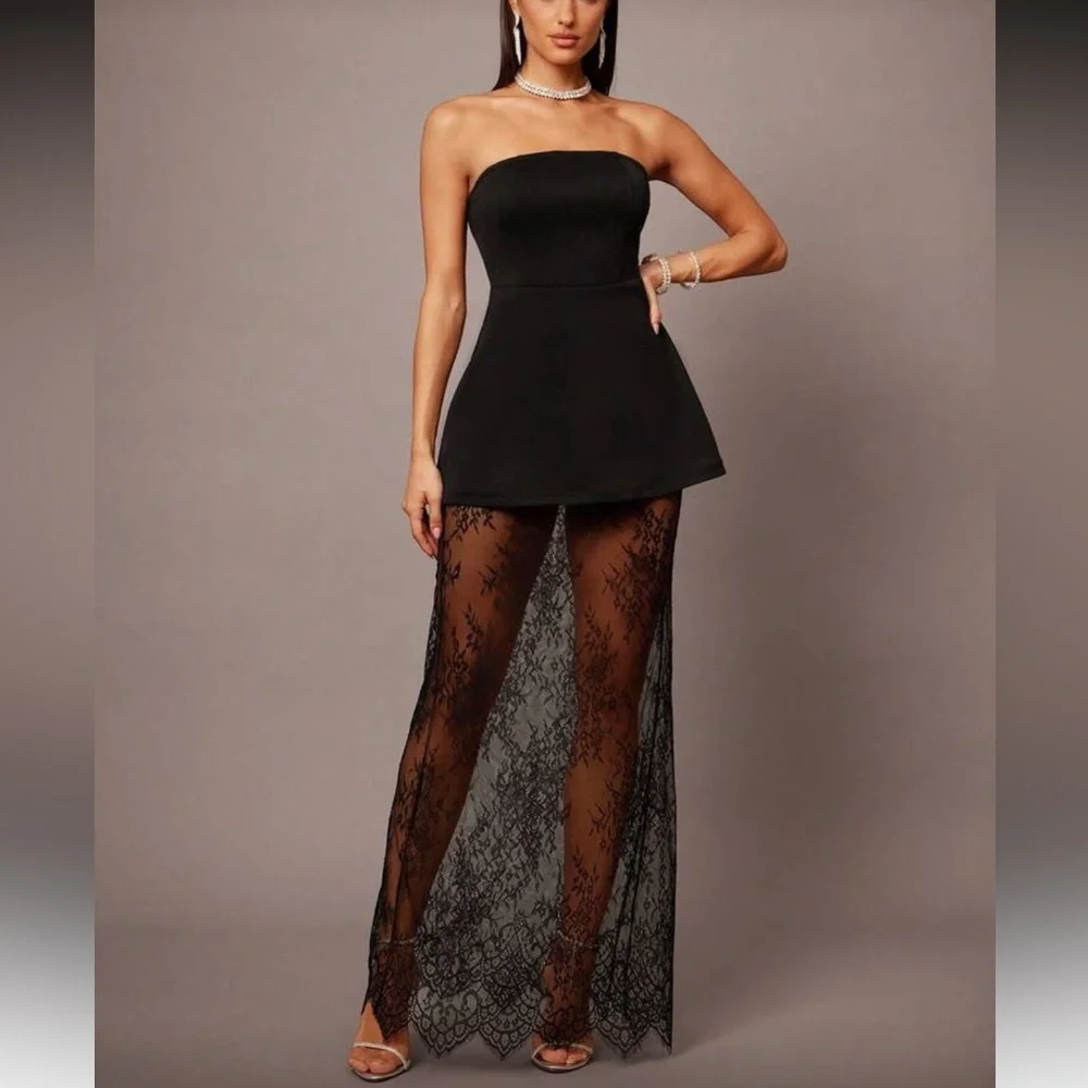 Black strapless tube top & maxi lace sheer skirt set dress - Picture 3 of 6